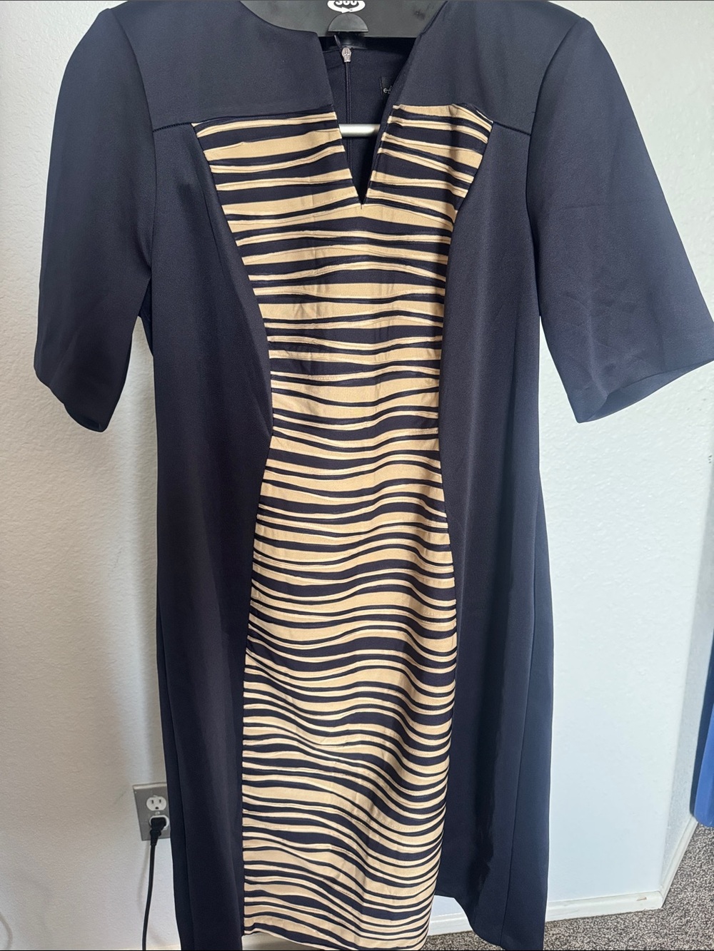 connected apparel Black Midi Dress with Cream Zebra Stripe Panel